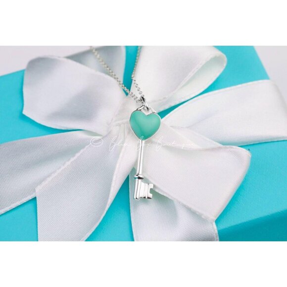 Tiffany & Co. Key Necklace Blue Enamel Heart Key Pendant in Sterling Silver with - Picture 1 of 6